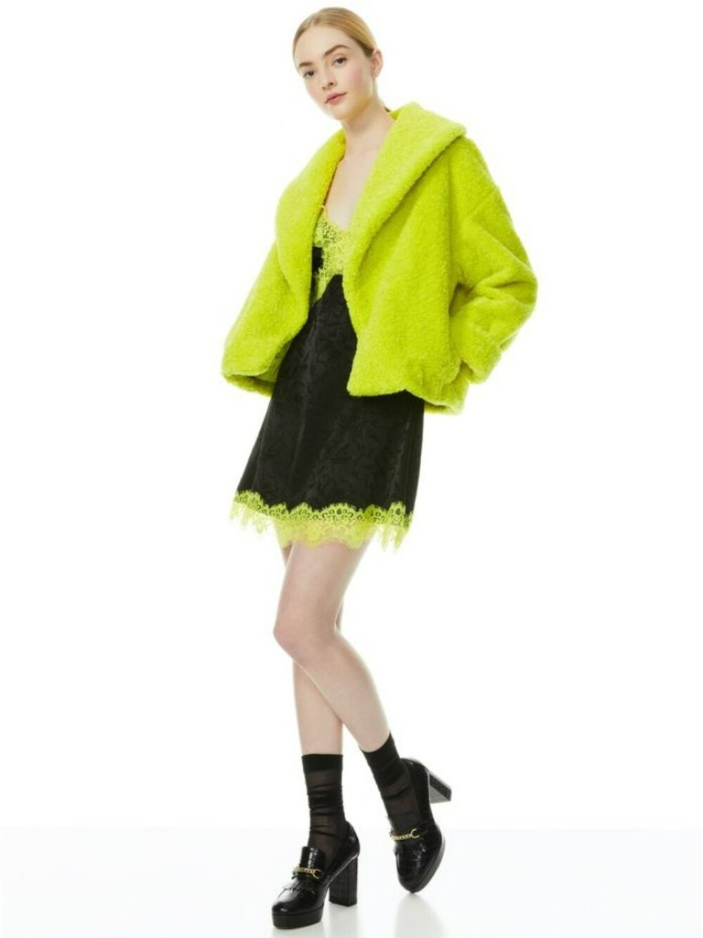 Alice + Olivia $495 Ora Faux Fur Teddy Coat Lime Green Fuzzy Maximalist Jacket - Picture 11 of 11